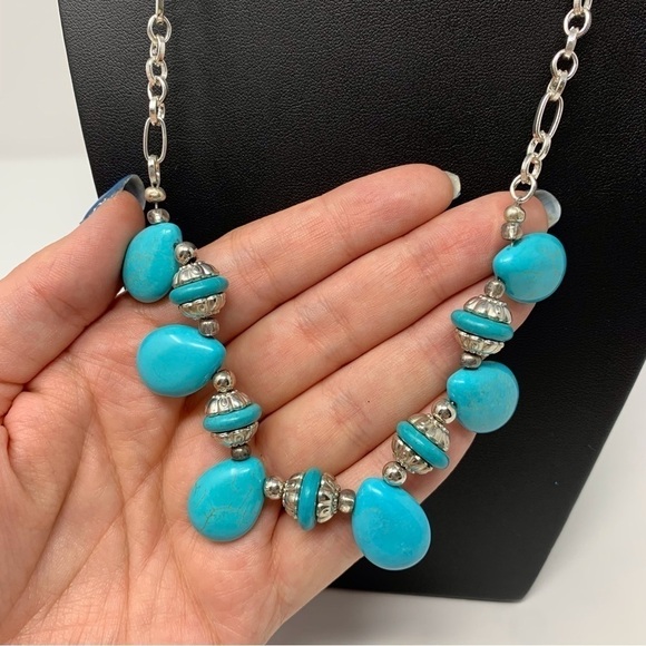 Silver Toned Chain Faux Turquoise Stone Necklace - Picture 3 of 5